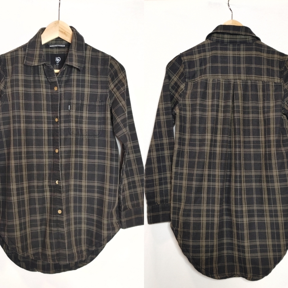 10 Tree Ten Flannel Tunic Button Front‎ Shirt Long Sleeve Black Green Plaid XS